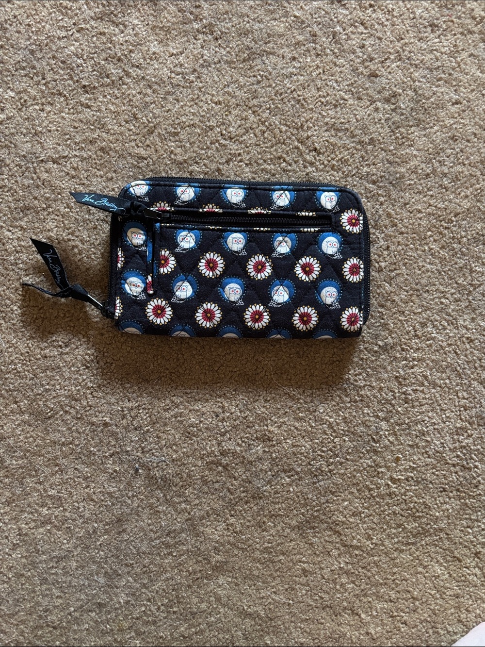 Vera Bradley Black Quilted Wallet with Blue Owl and White Daisy Print